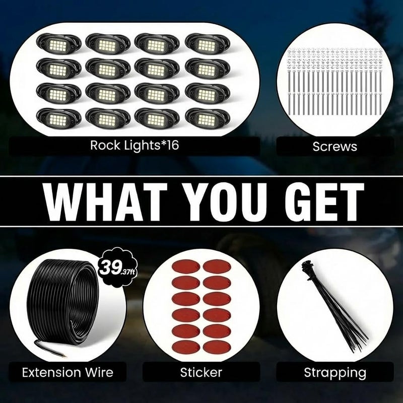 YONEDA 16 Pods White Rock Lights 6000K Ultra Bright LED Neon Underglow Lights IP68 Waterproof for Trucks SUV UTV ATV RZR Car Boats Pickup Motorcycle with 39.37ft Extension Wire - Image 5